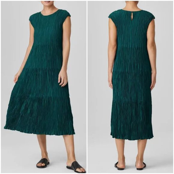 Eileen Fisher crinkle silk dress M medium Jewel Neck Tiered crushed teal aegean - Picture 2 of 9